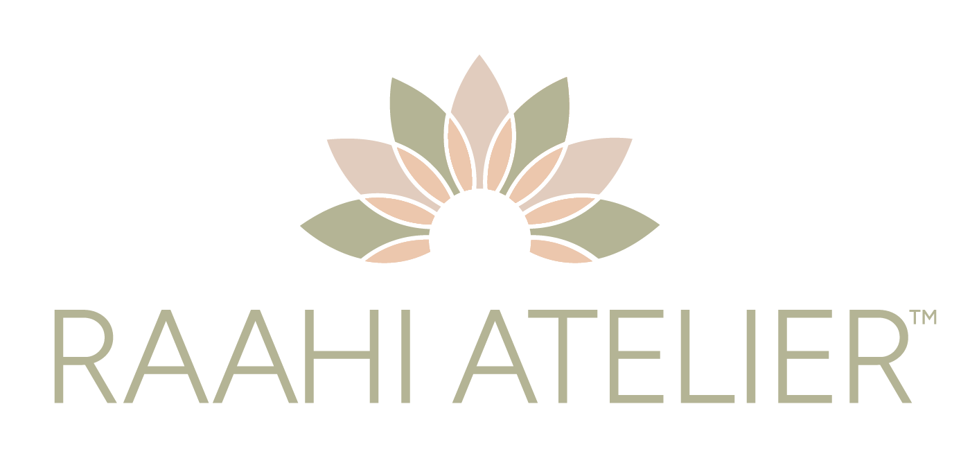 Logo for Raahi Atelier featuring a stylized flower with petals in beige and green tones above the company name in light greenish-brown font.
