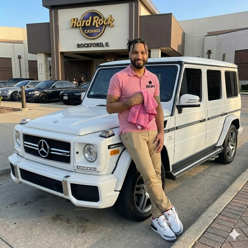 A man standing in front of a white Mercedes-Benz G-Class SUV outside the Hard Rock Casino in Rockford, Illinois. He is smiling, wearing a pink polo shirt, beige pants, and white sneakers, and holding a pink towel.