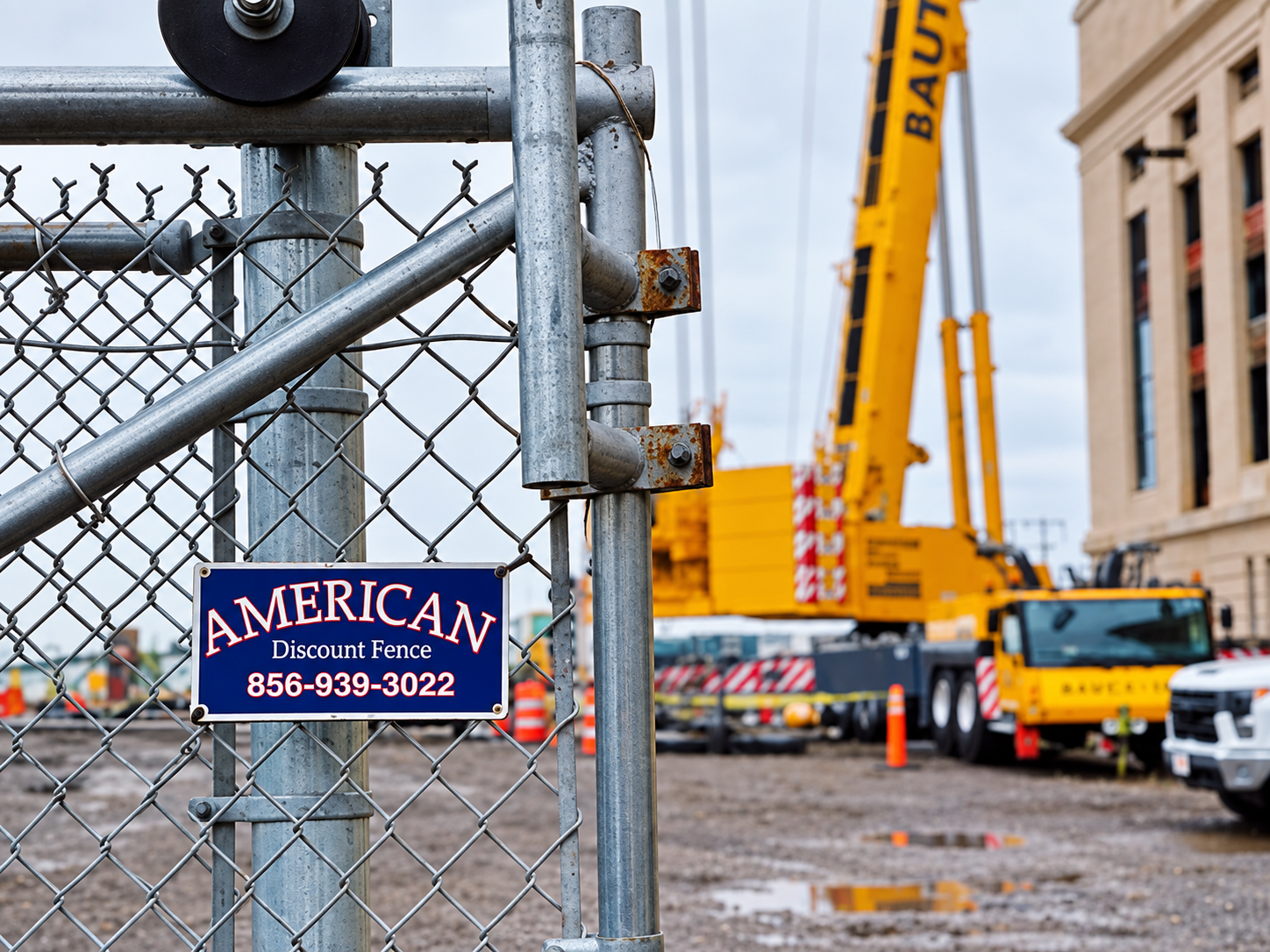 ADF-branded chain-link fence at the job site