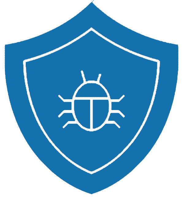 Blue shield emblem with a white line drawing of a bug at the center.
