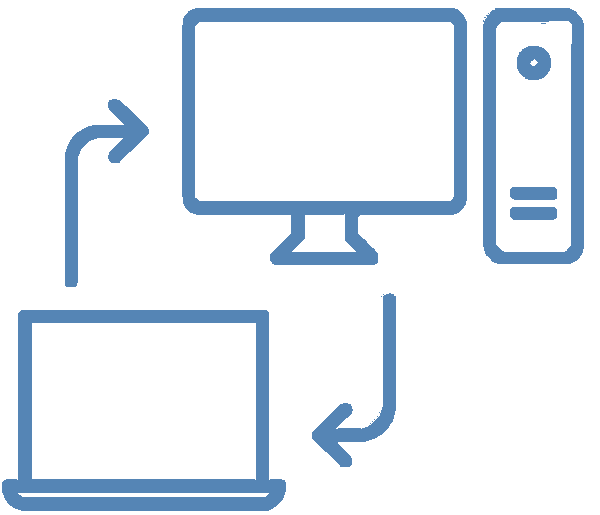 Diagram showing data transfer between a laptop, a monitor, and a desktop computer with arrows indicating connections