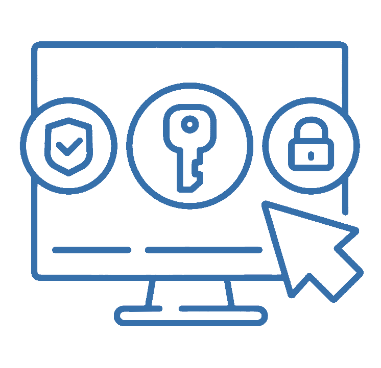 Line drawing of a computer monitor displaying security icons: a shield with a checkmark, a key, and a lock, with a mouse cursor pointing at the lock icon.