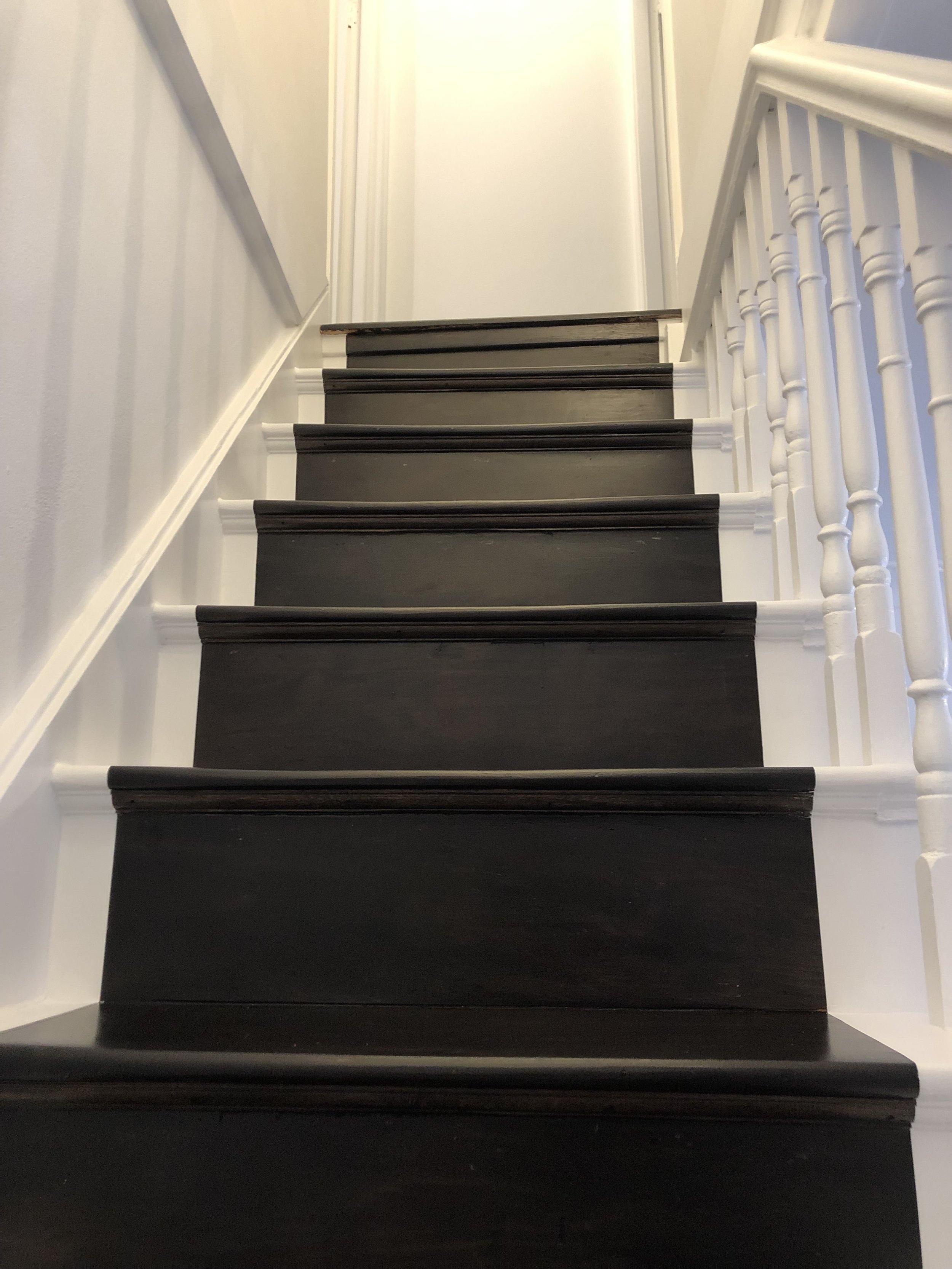 View of a staircase with dark wooden steps and a white railing, viewed from the bottom looking upward.