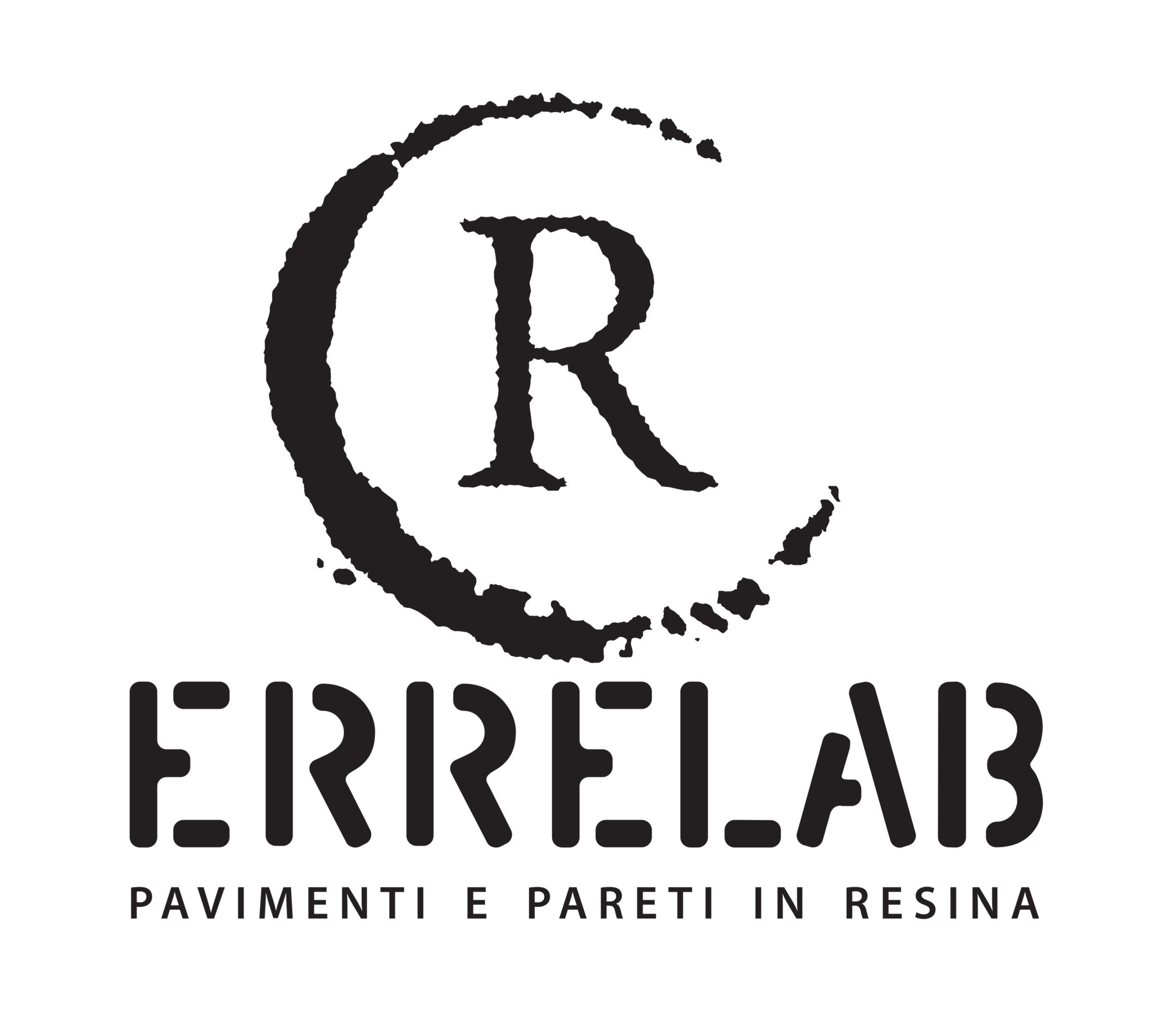 Black logo with a stylized spiral and an 'R' in the center, with text below reading 'ERREMBIS' and 'PAVIMENTI E PARETI IN RESINA'.