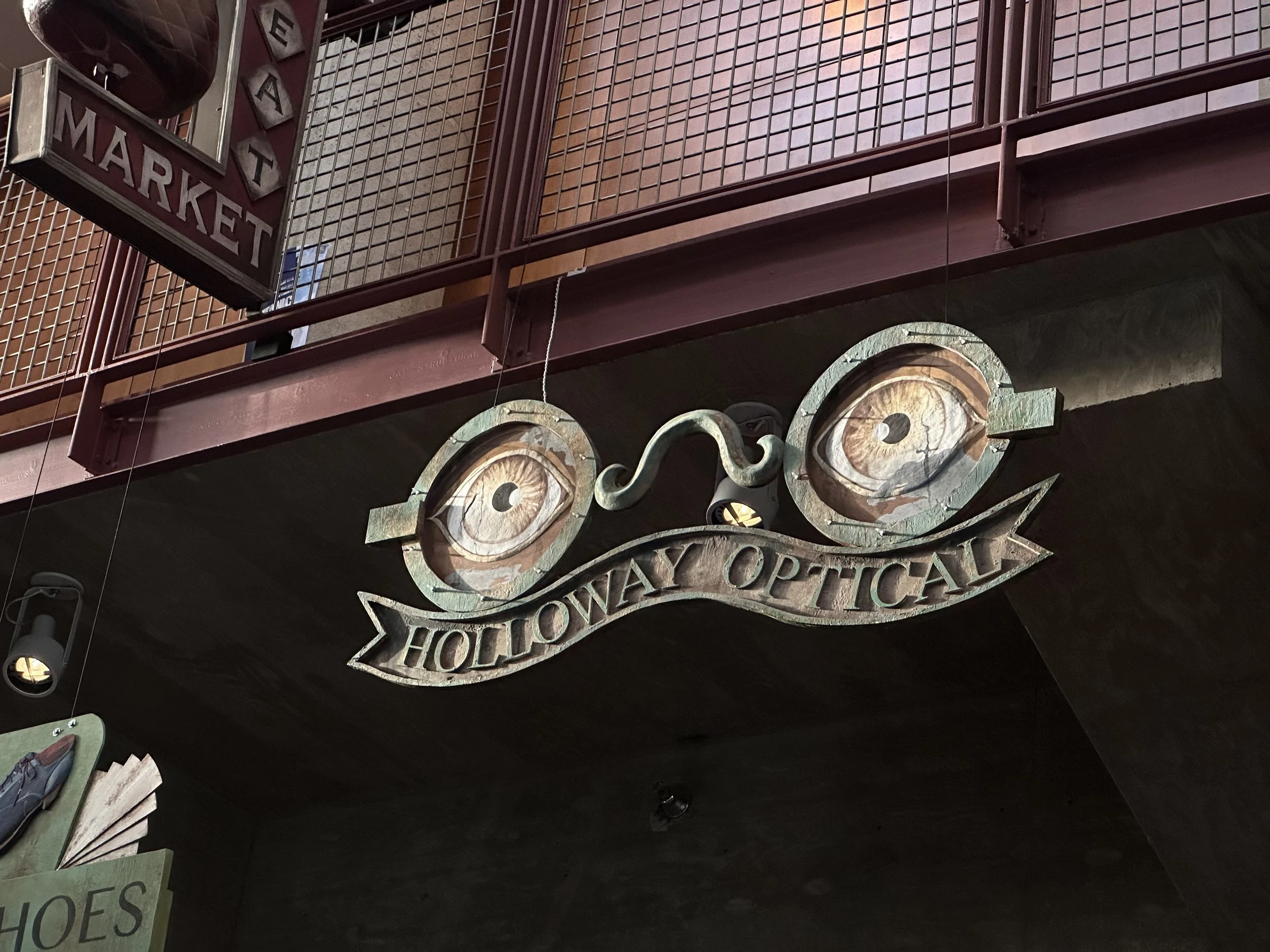 A decorative sign for an optical shop with eye illustrations and the text 'HOLLOWAY OPTICAL'.
