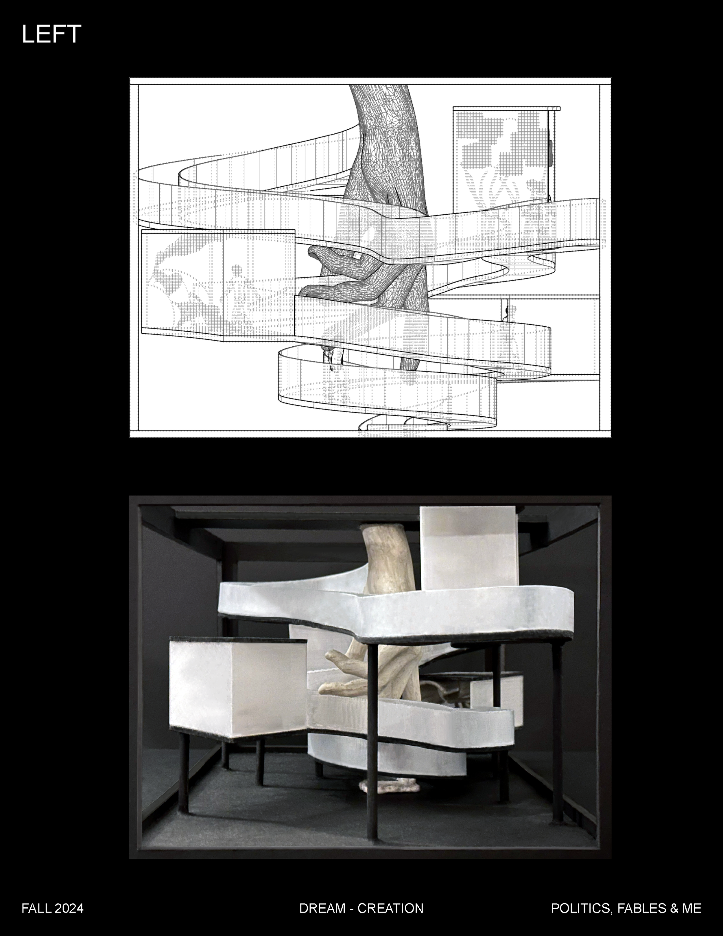 An artistic representation of a spiral staircase with white marble steps, a black metal railing, and a stylized paper or photograph of a person's face on the wall in the background.