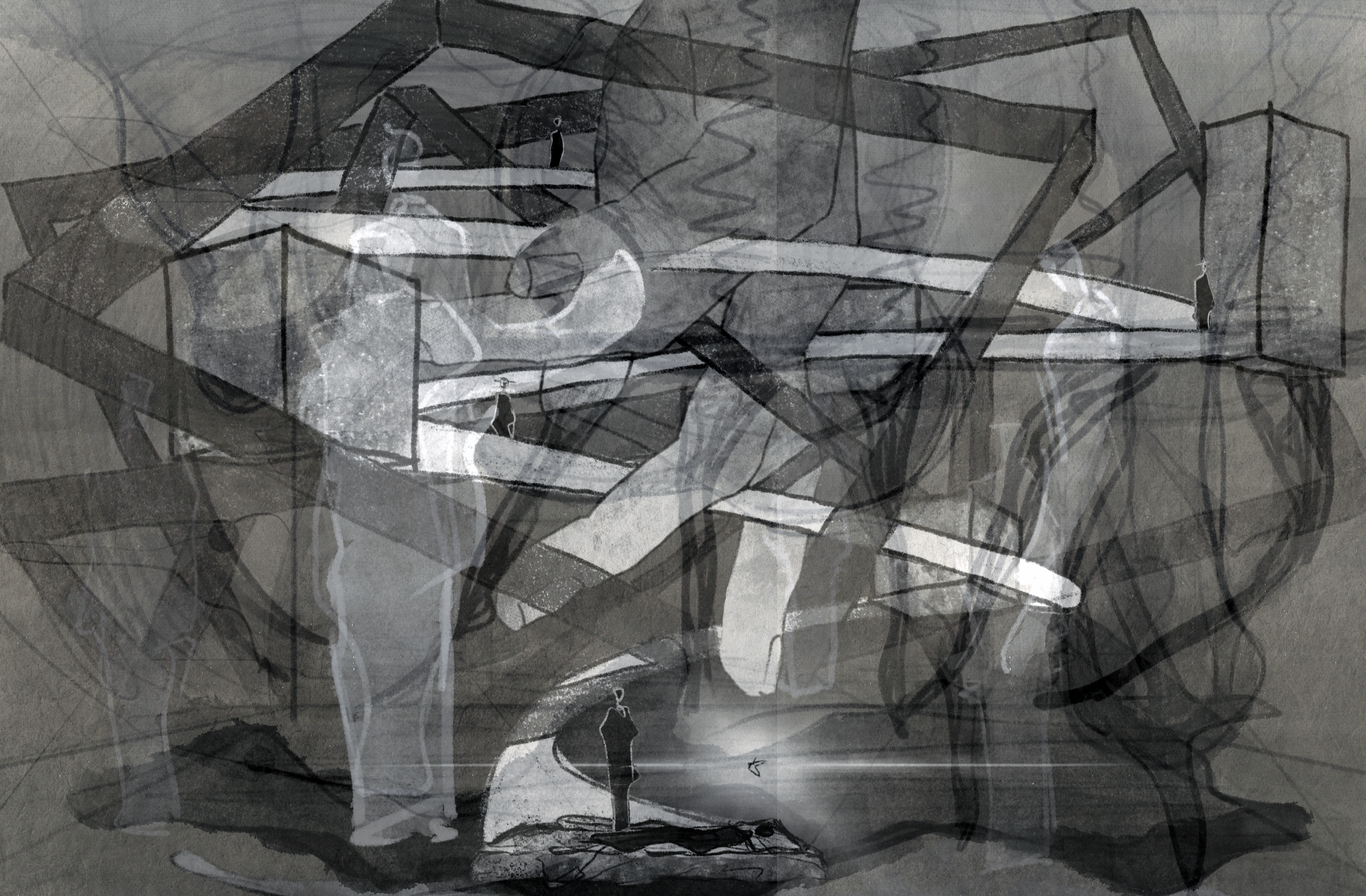 A collage of sketches and drawings with abstract and distorted forms, including humanoid figures, geometric shapes, and overlapping outlines in shades of black, white, and gray.