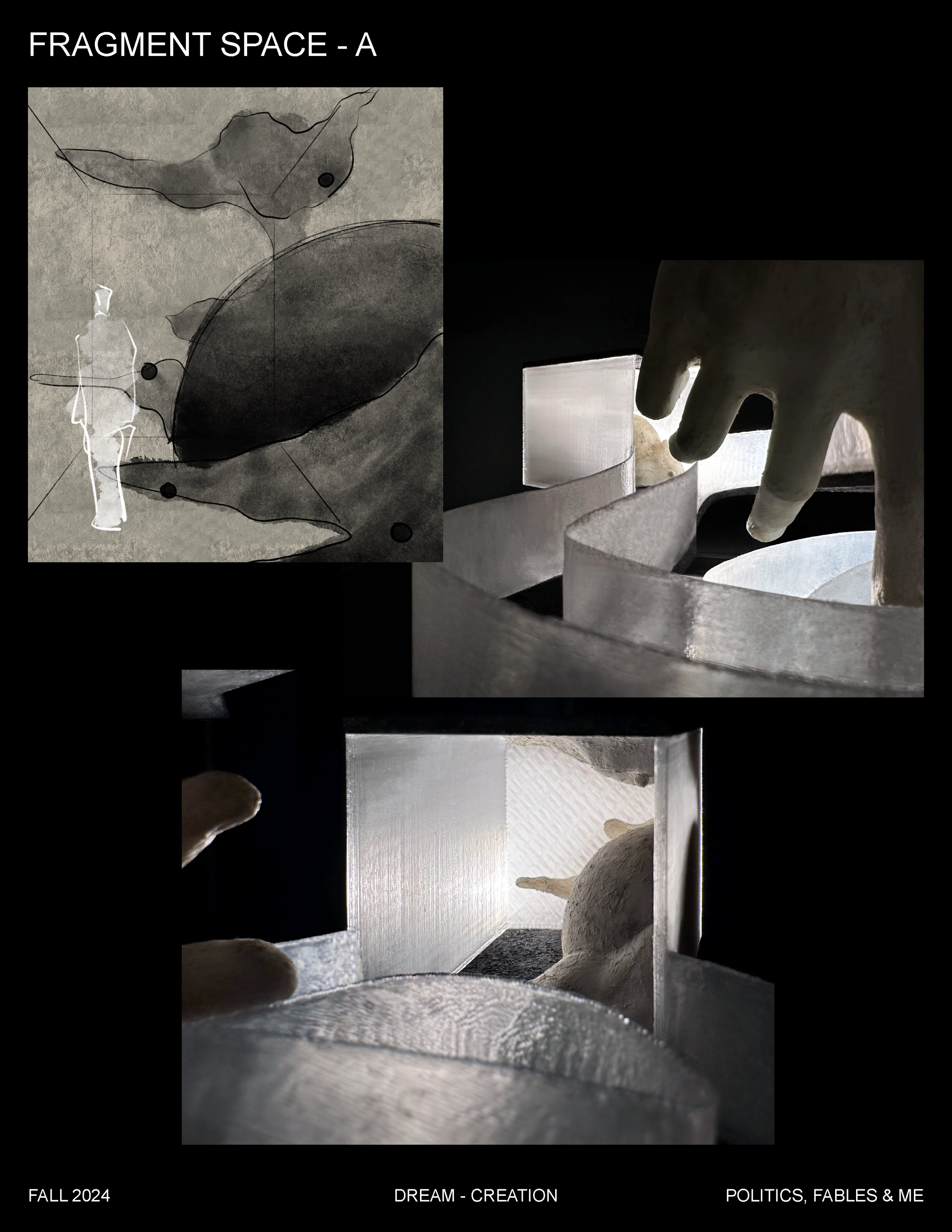 An artistic collage combining sketch, photograph, and sculpture elements representing fragments of space and abstract shapes, with text indicating themes of dream, creation, politics, and fall semester 2024.