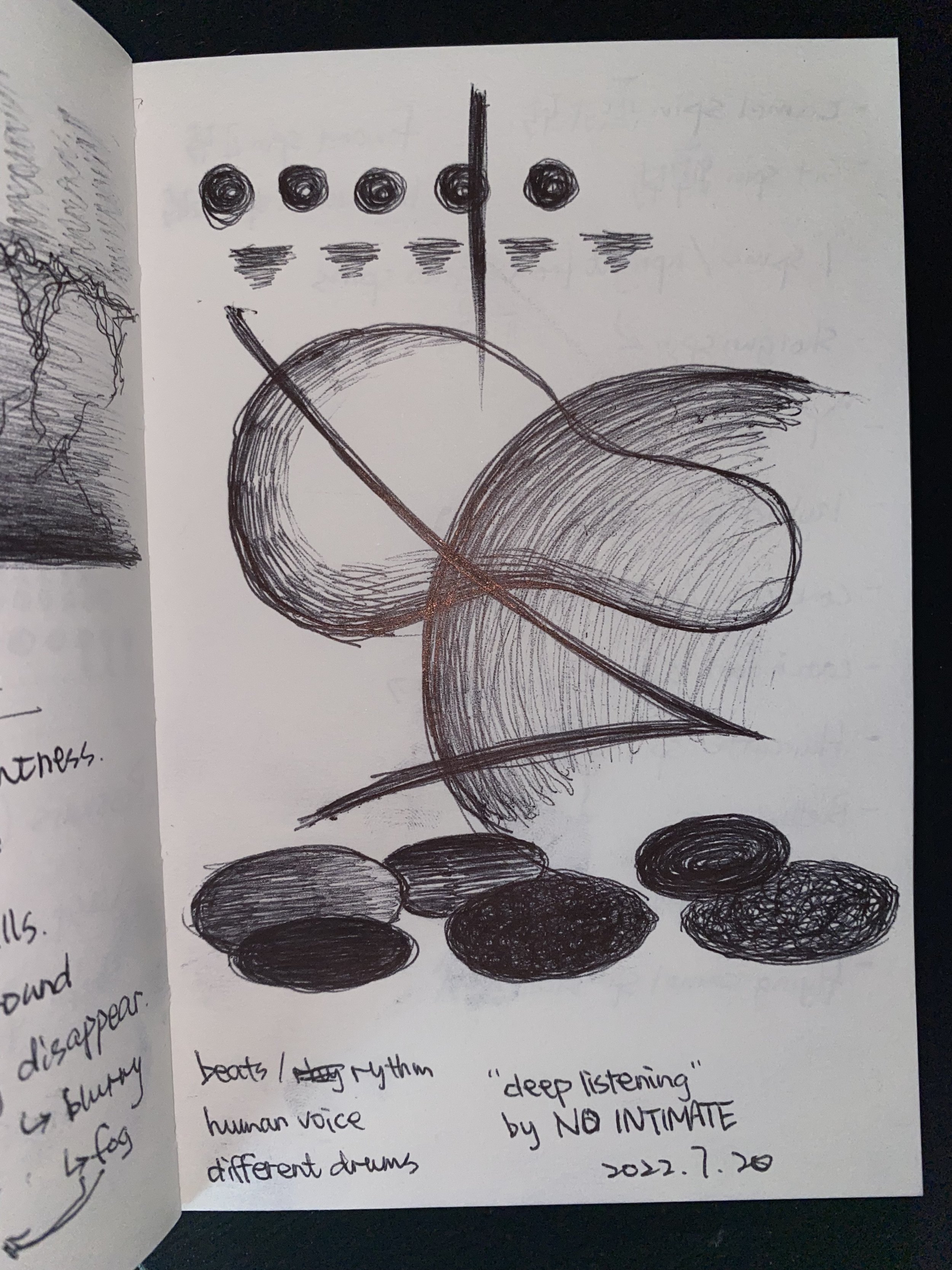 Sketch of five circles with spirals inside, a vertical line, curved lines resembling wings or leaves, and seven smaller circles at the bottom. Handwritten notes and text surround the drawings.