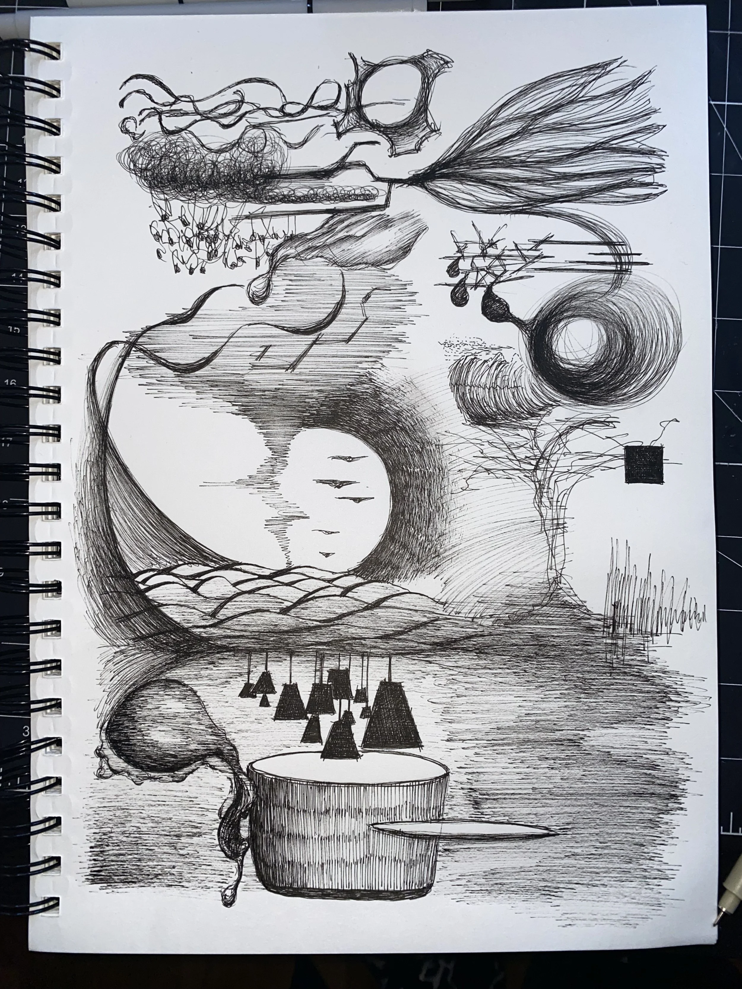 Black ink sketch of a surreal landscape with large moon and trees, a bird flying, abstract shapes, and a pond with a waterfall. Mixed elements include swirling lines and geometric forms.