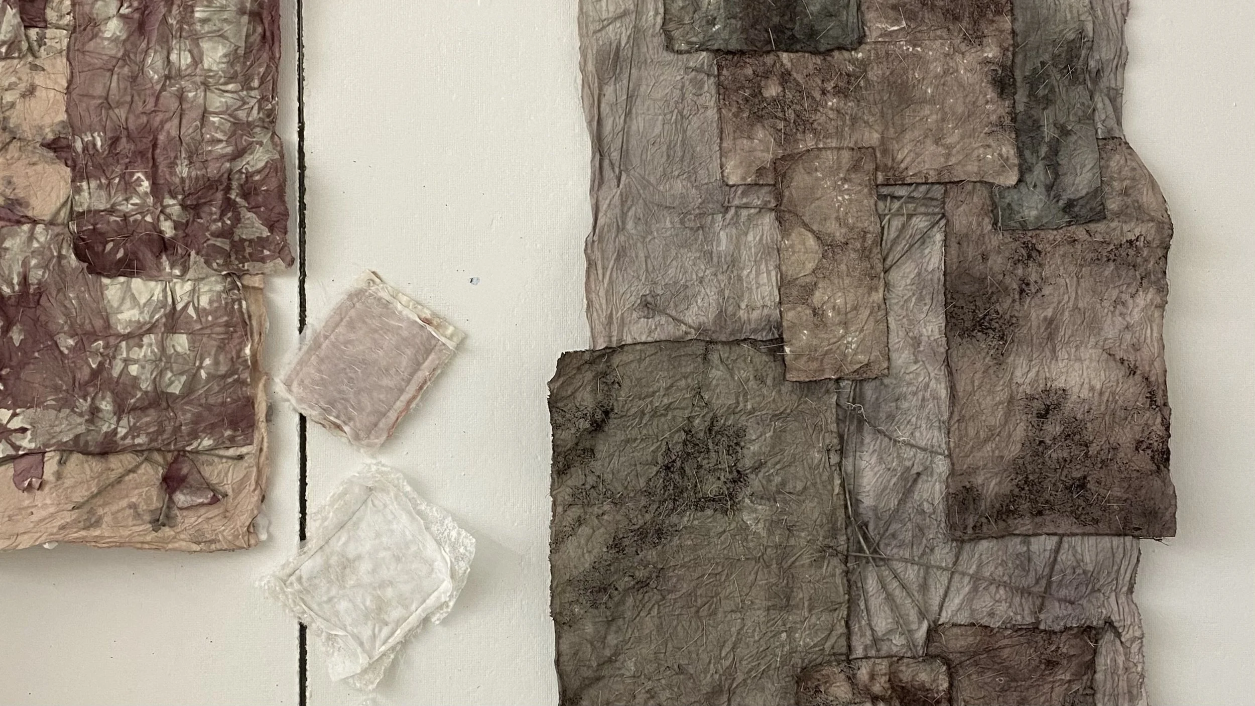 A collection of various types of rocks and minerals displayed on a flat surface, including some with wrinkled, paper-like textures.
