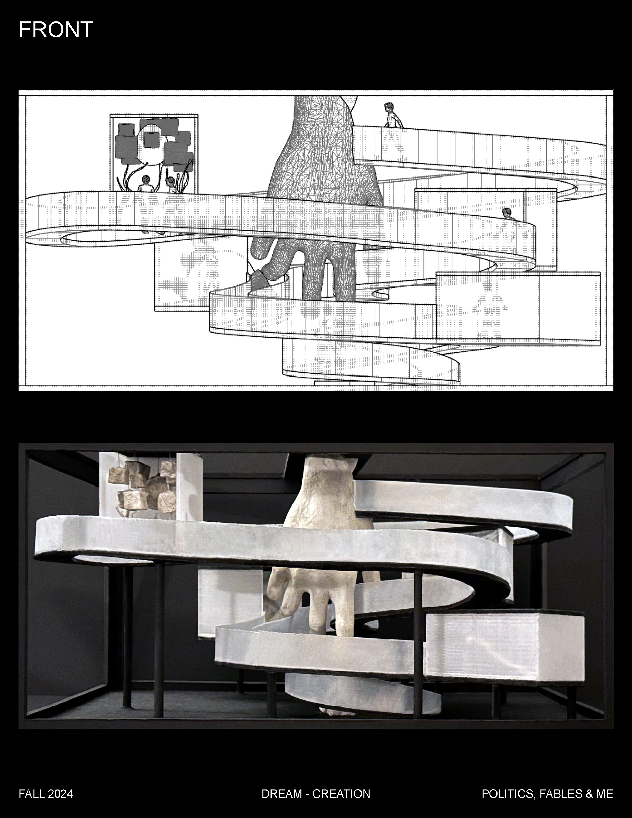 Architectural drawing of a spiral staircase with a large tree at the center, displayed on a black background with white text that reads "Fall 2024," "Dream - Creation," and "Politics, Fables & Me."