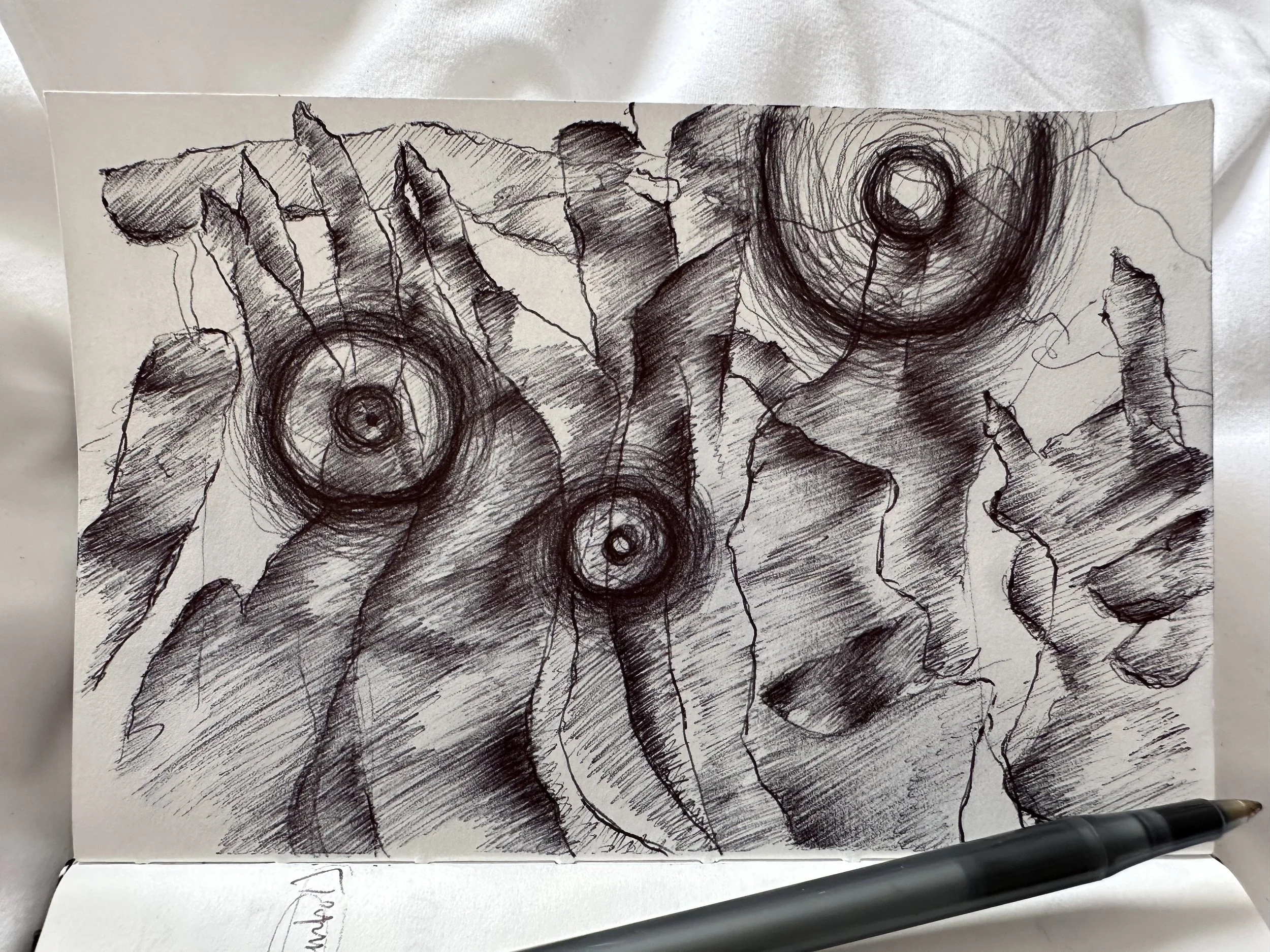 A black ink drawing on white paper featuring concentric circles, abstract lines, and cracked patterns.