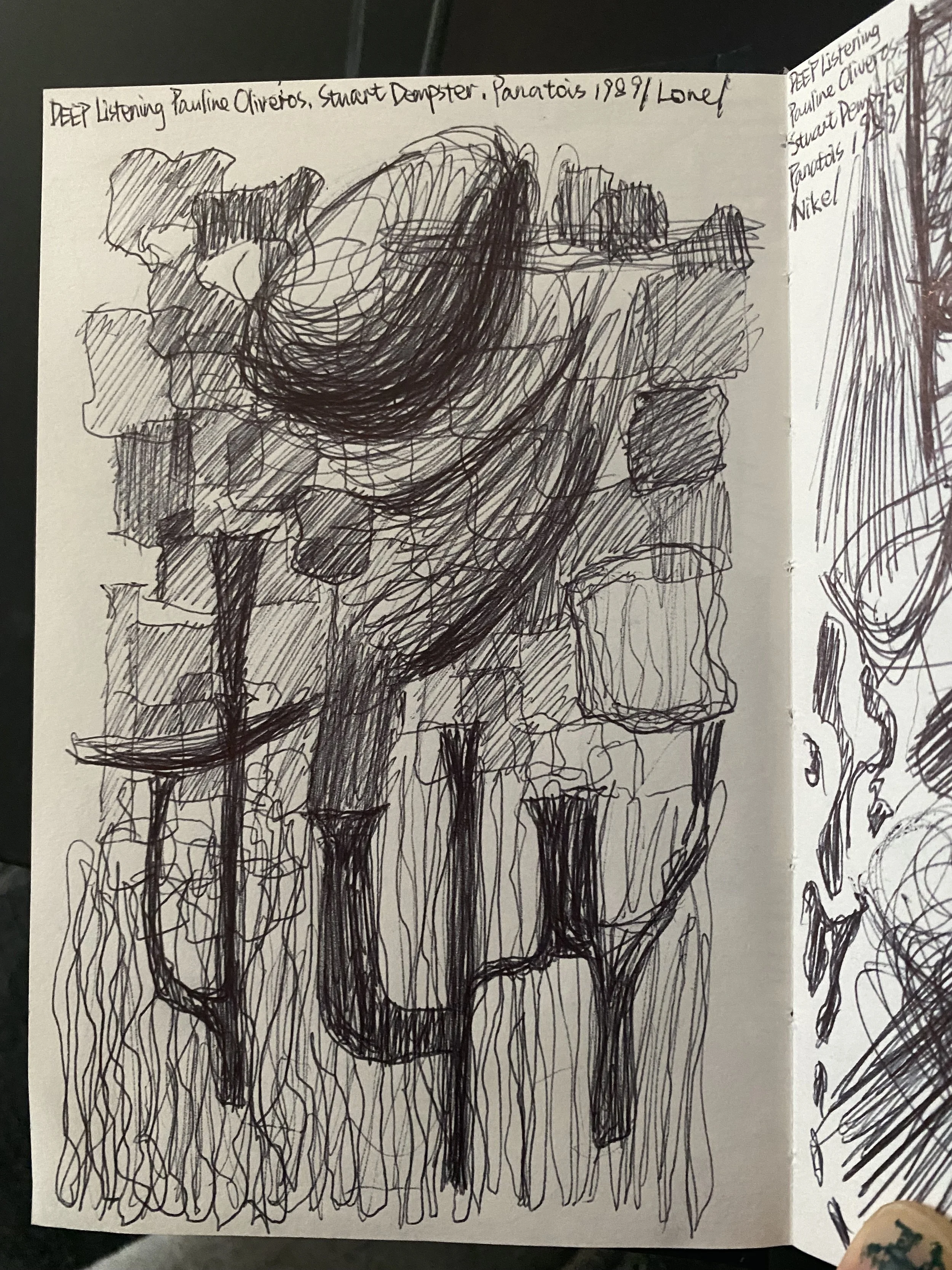 A sketched drawing of a person sitting on a chair, with long hair, wearing boots, with various objects like a table, books, and papers around, all depicted in a black ink, chaotic doodle style.