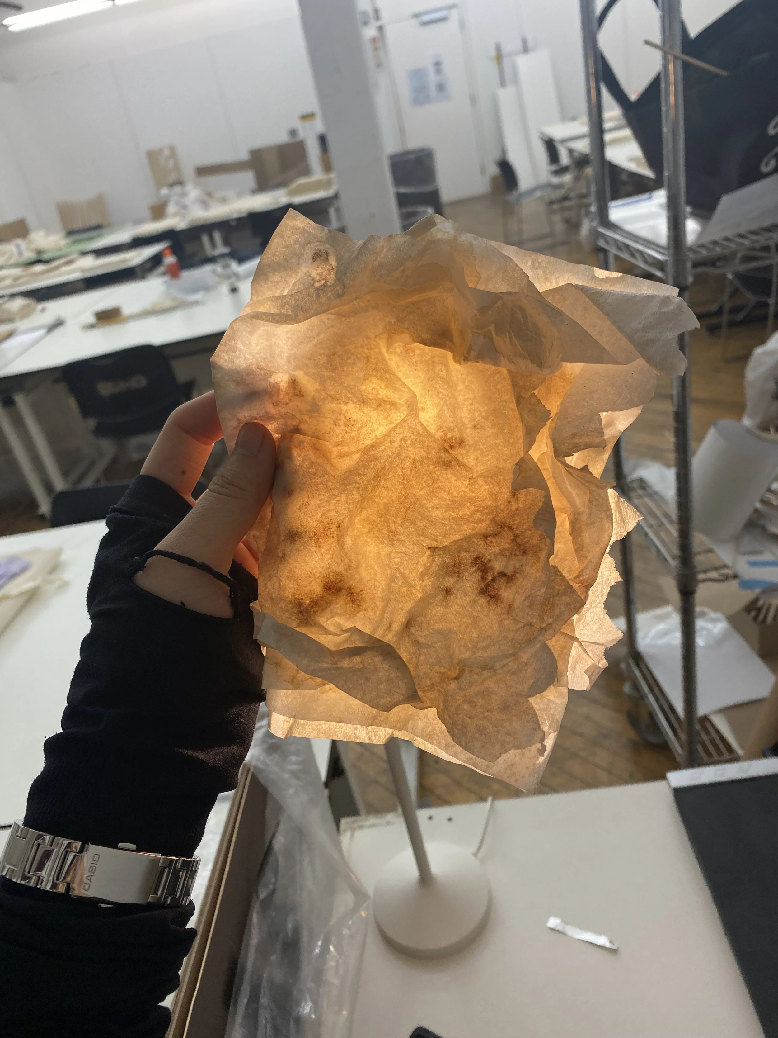 A person holding illuminated handmade paper in a room with tables and shelves.