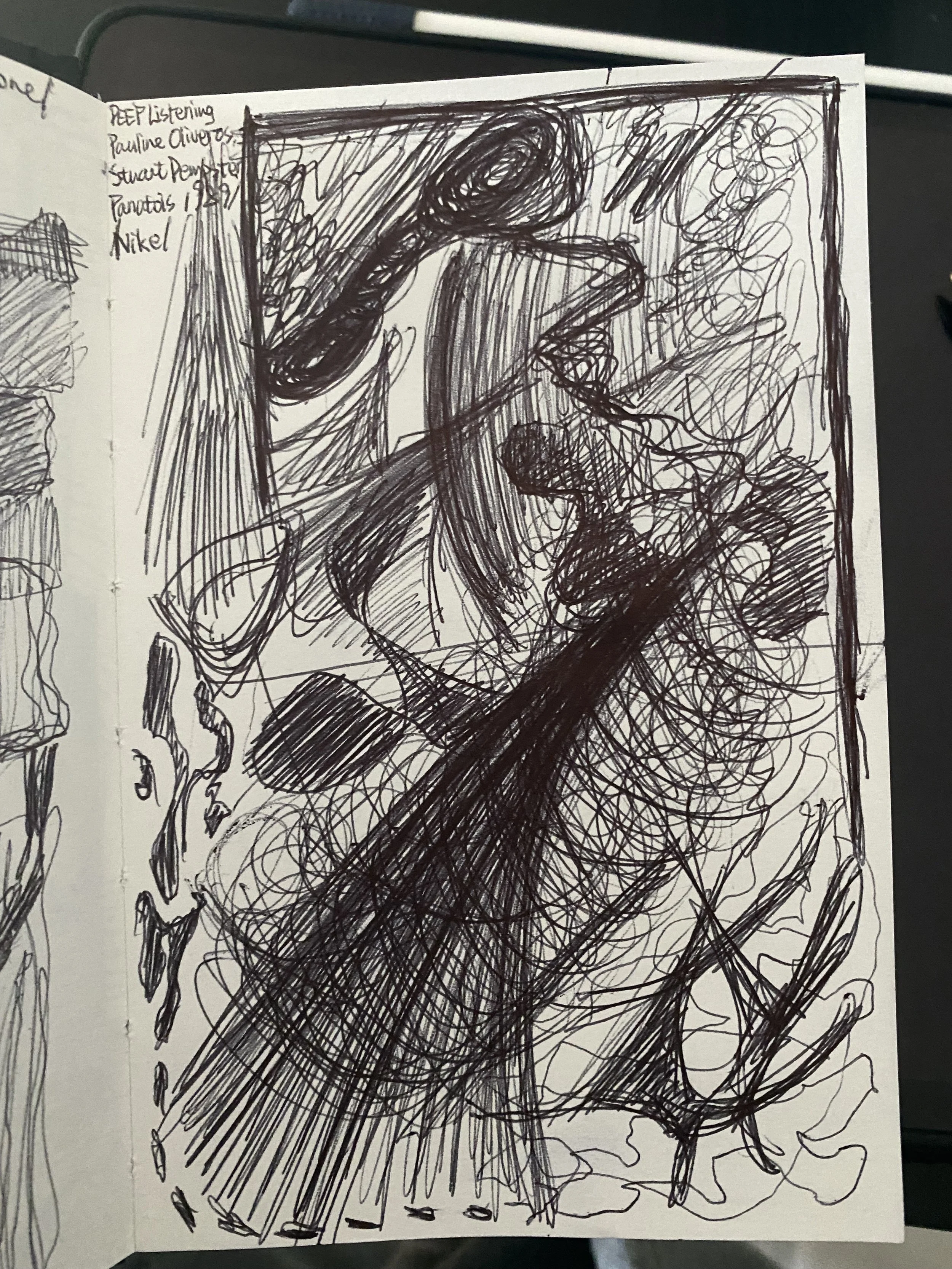 Black ink sketch on paper showing a person sitting at a desk with their head resting on their hand, surrounded by abstract scribbles.