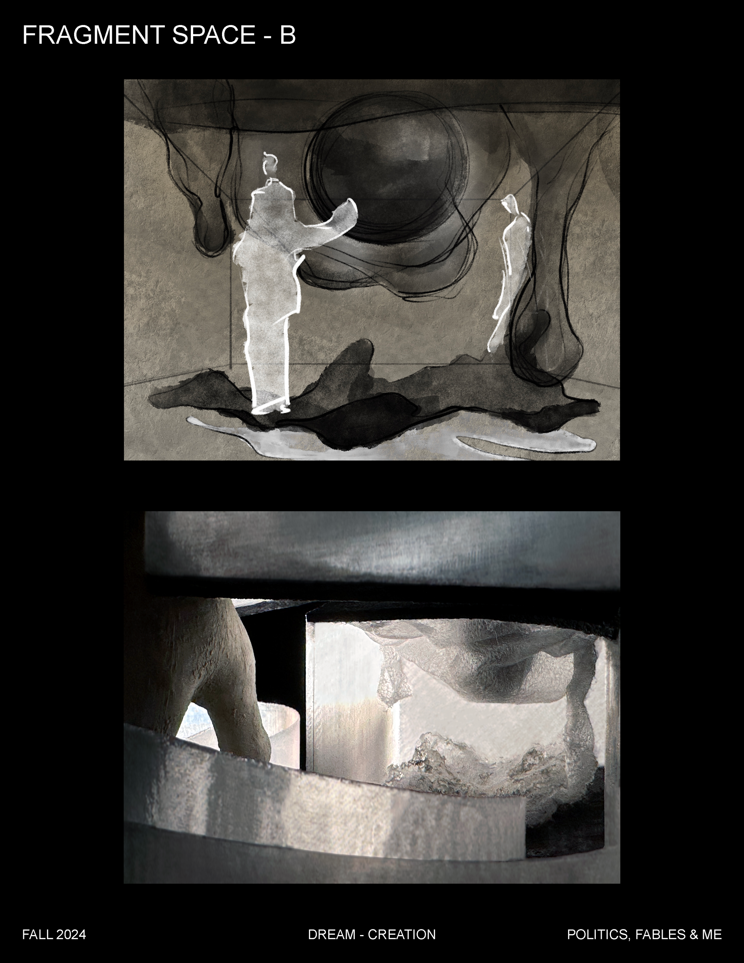An artistic collage featuring abstract sketches of two figures in white, set against a dark, textured background with scribbled lines and a large central circle. The bottom of the image contains text reading: 'FALL 2024', 'DREAM - CREATION', and 'POL