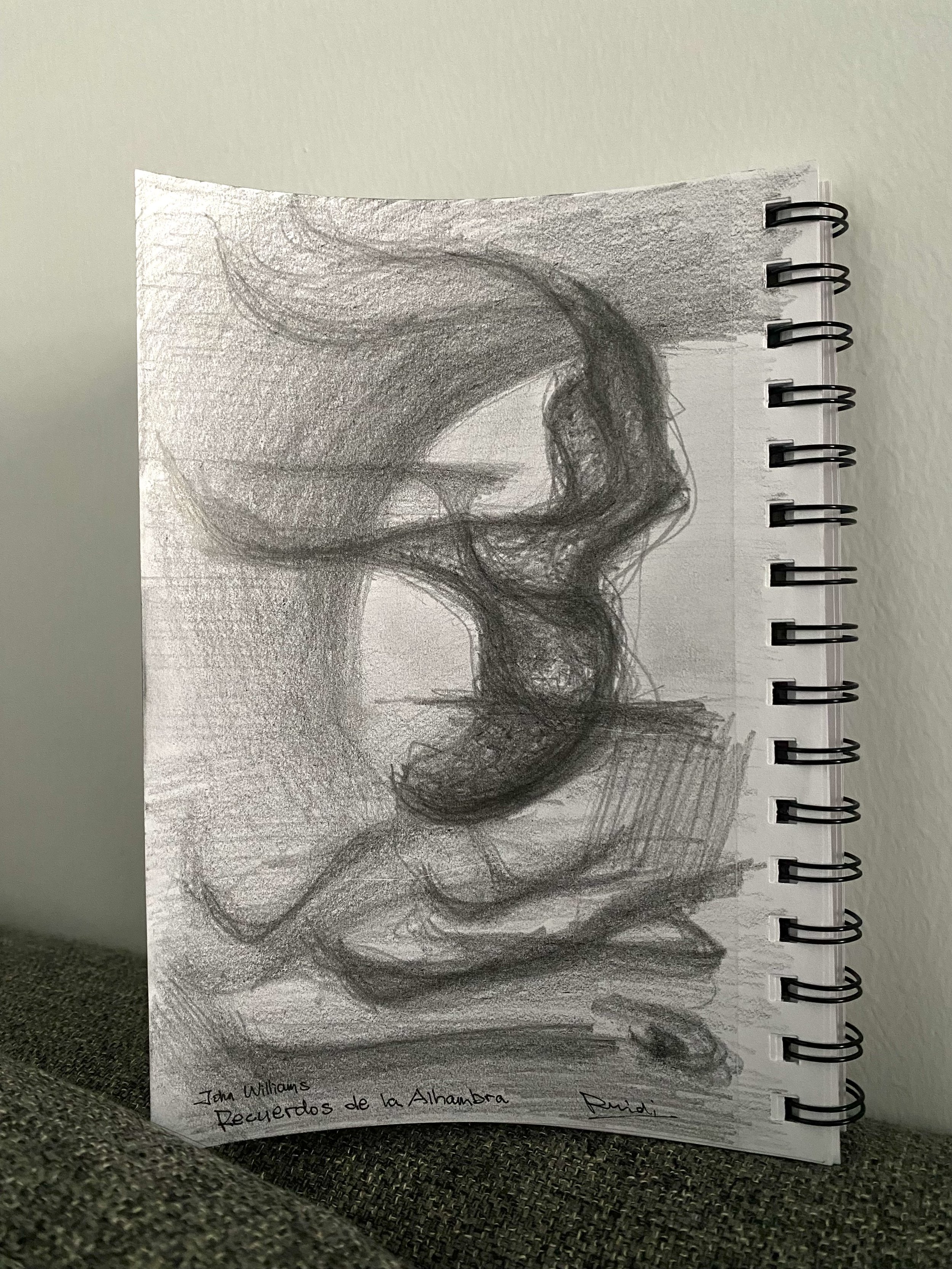 Sketch of a horse's head with flowing mane, drawn in black and white on a spiral notebook page.