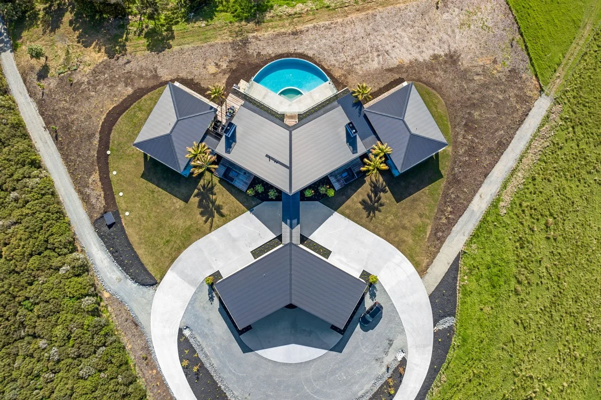 Aerial view of Matakana country home layout and surrounding landscape