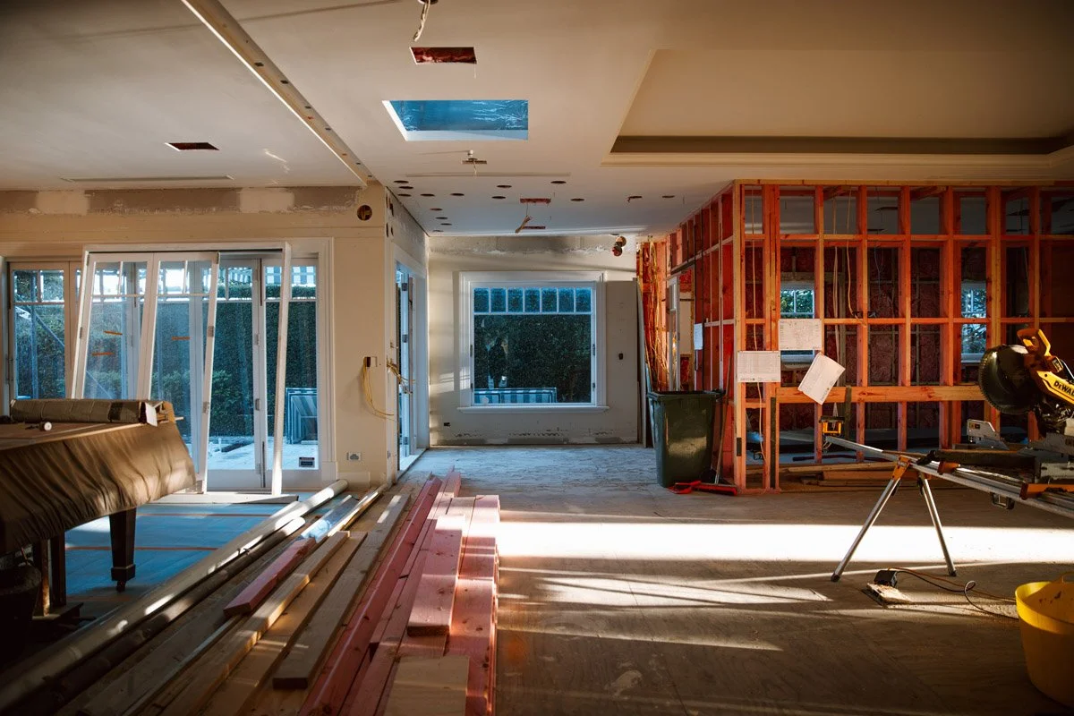 Construction progress inside a luxury beachfront home renovation in Devonport Auckland.