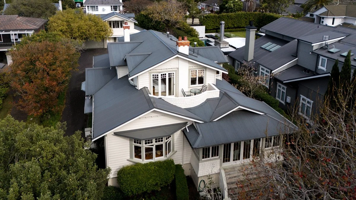 Aerial view of a renovated Arts and Crafts style character home in Hauraki, Auckland, highlighting the scale of the renovation and extension.