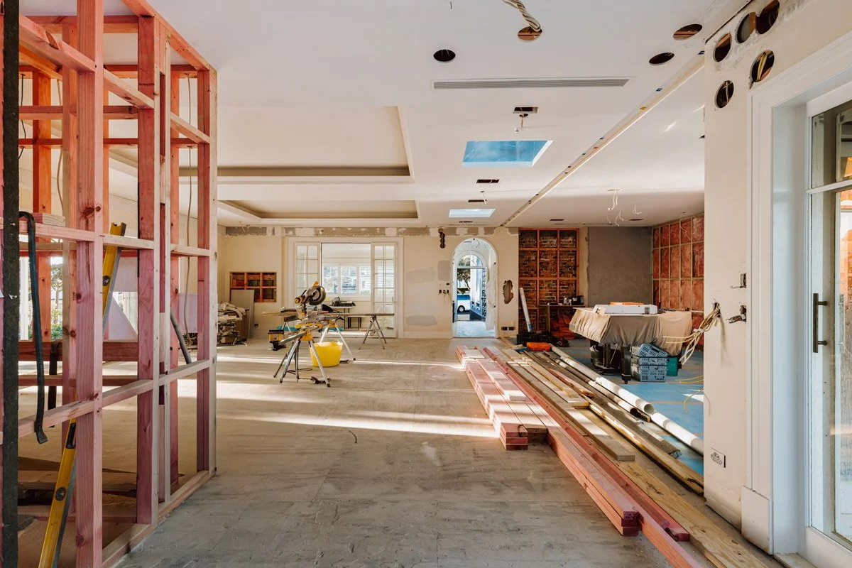 Coastal living area being renovated as part of a high-end character home restoration in Cheltenham.