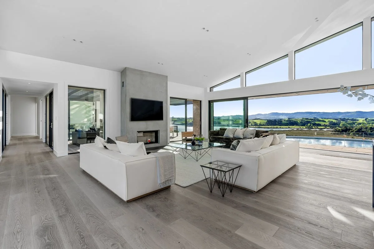 Architectural living space with countryside views in Tarwhanui home