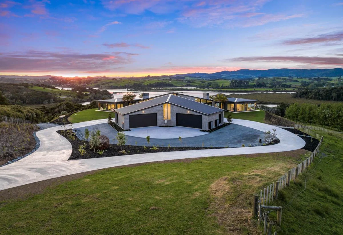 Countryside aerial view near architectural home in Matakana Auckland