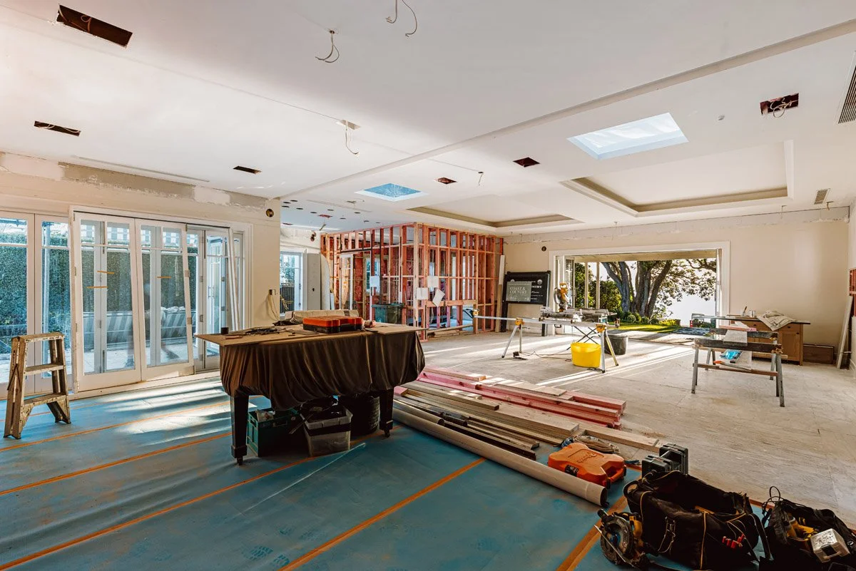 Large open living area under renovation within a luxury character home overlooking Cheltenham Beach.