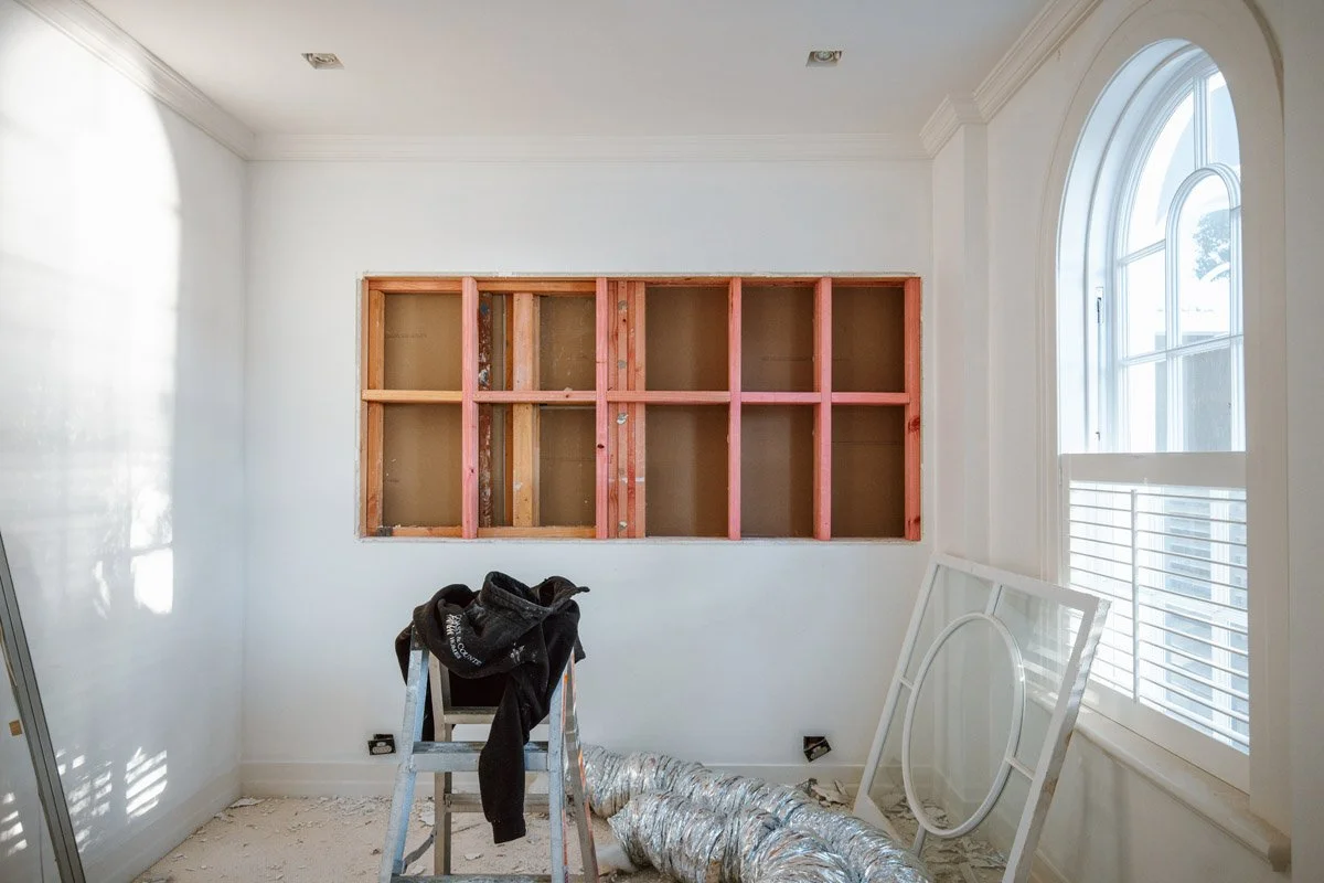 Custom joinery recess under construction within a luxury home renovation project by Coast & Country Homes in Auckland.
