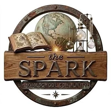 A logo with a wooden sign reading "the SPARK HOMESCHOOL COMMUNITY" in front of a vintage scientific apparatus, a globe, and an open book, all enclosed in a circular metal frame.
