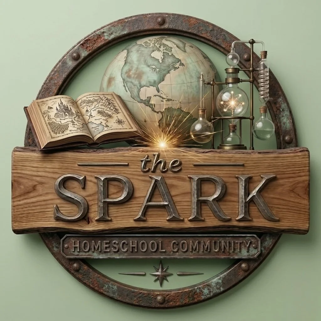 A decorative sign featuring a vintage-style globe, an open book with map illustrations, and laboratory glassware. The sign reads 'the SPARK' and 'HOMESCHOOL COMMUNITY' with a metal frame and wooden background.