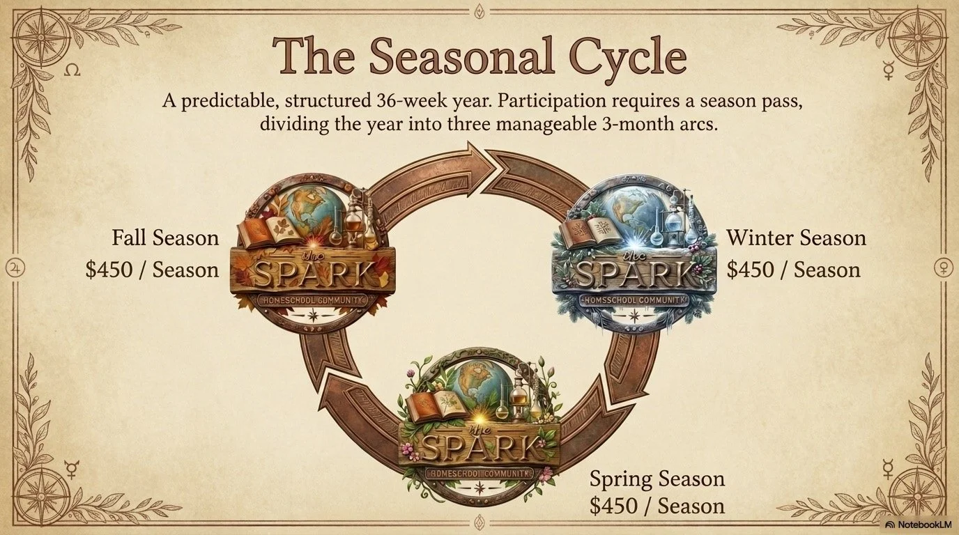 Diagram of the seasonal cycle illustrating fall, winter, and spring seasons, each priced at $450 per season, with arrows showing the progression through the year.