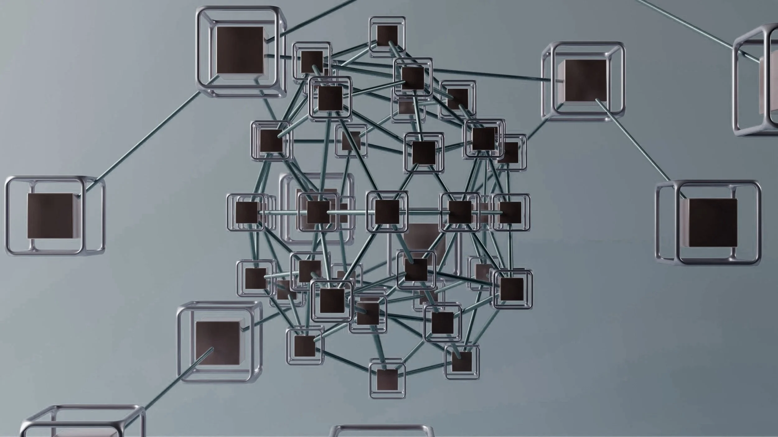 A network of interconnected metallic square frames, some with black interiors, forming a geometric, web-like structure against a plain background.
