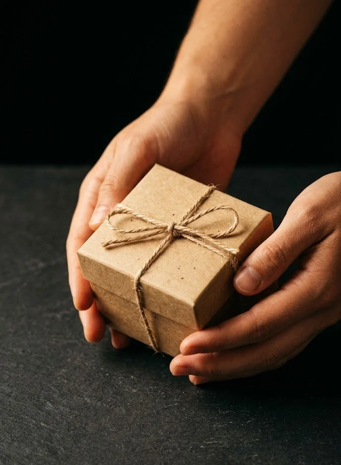 Hands holding a small kraft paper gift box tied with natural twine on a dark slate surface, handcrafted confections and artisan goods from Embers & Gold in Albuquerque, New Mexico