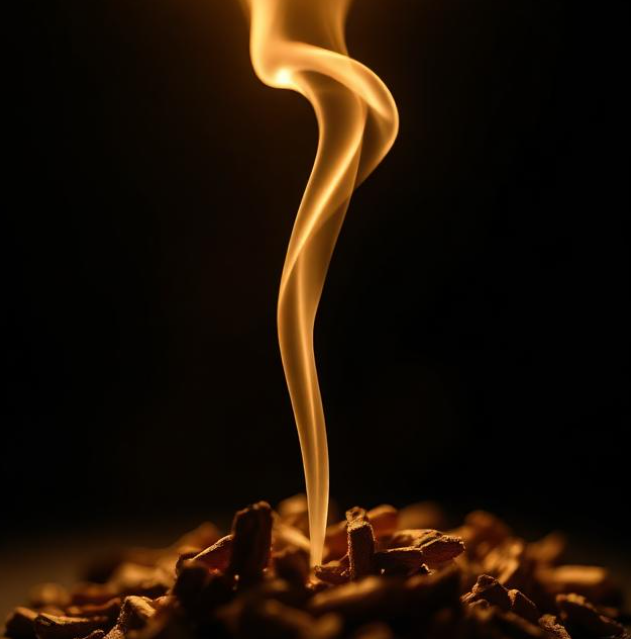 Wood smoke rising from smoldering wood chips on a dark surface, the foundation of Embers & Gold handcrafted confections and smoked sugars and salts made in New Mexico