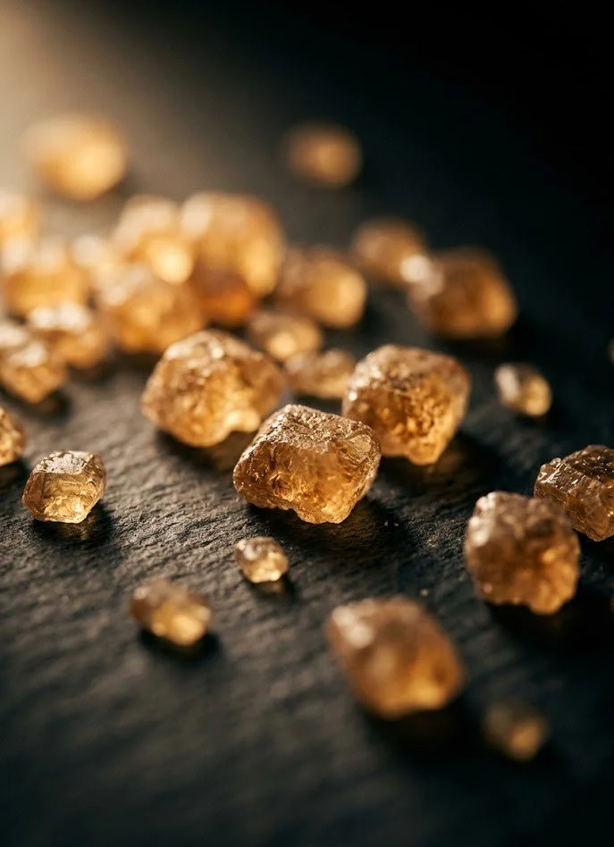 Amber smoked sugar crystals on dark slate, a preview of Embers & Gold handcrafted wood-smoked sugars and salts coming to Albuquerque farmers markets Summer 2026.