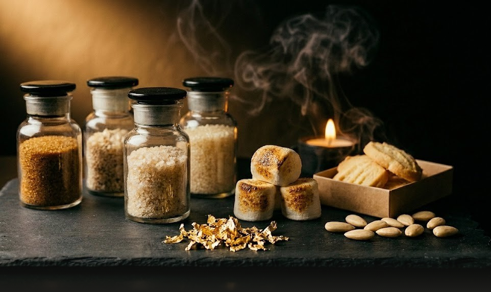 Dark charcoal slate with four glass jars of smoked sugars and salts, toasted marshmallows, shortbread in a kraft box, almonds, gold leaf, and rising smoke.
