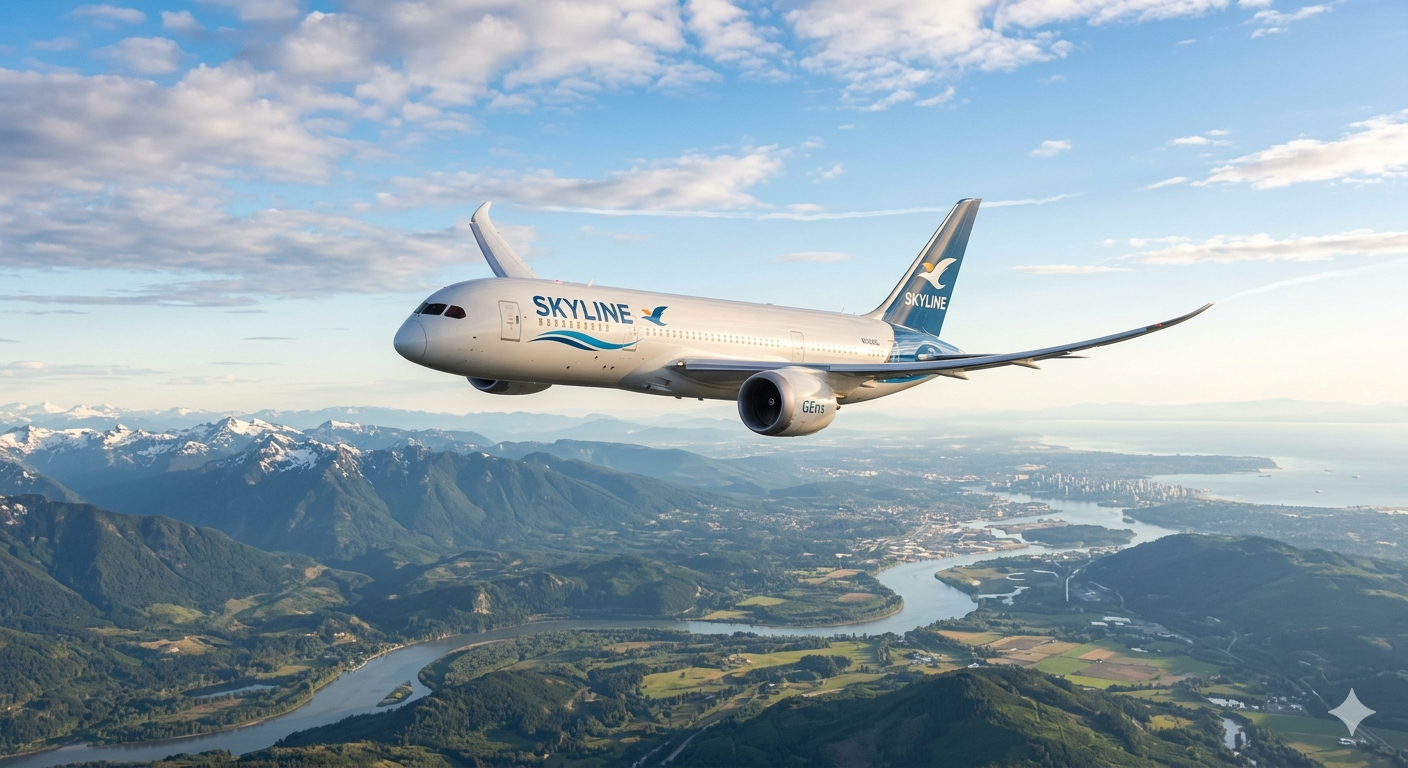 Commercial airplane flying above mountainous landscape and a river with a city in the background.
