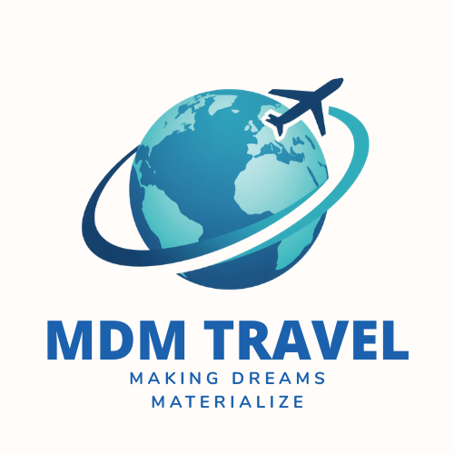 Logo featuring a globe with an airplane flying around it, representing MDM Travel, with the tagline "Making Dreams Materialize".