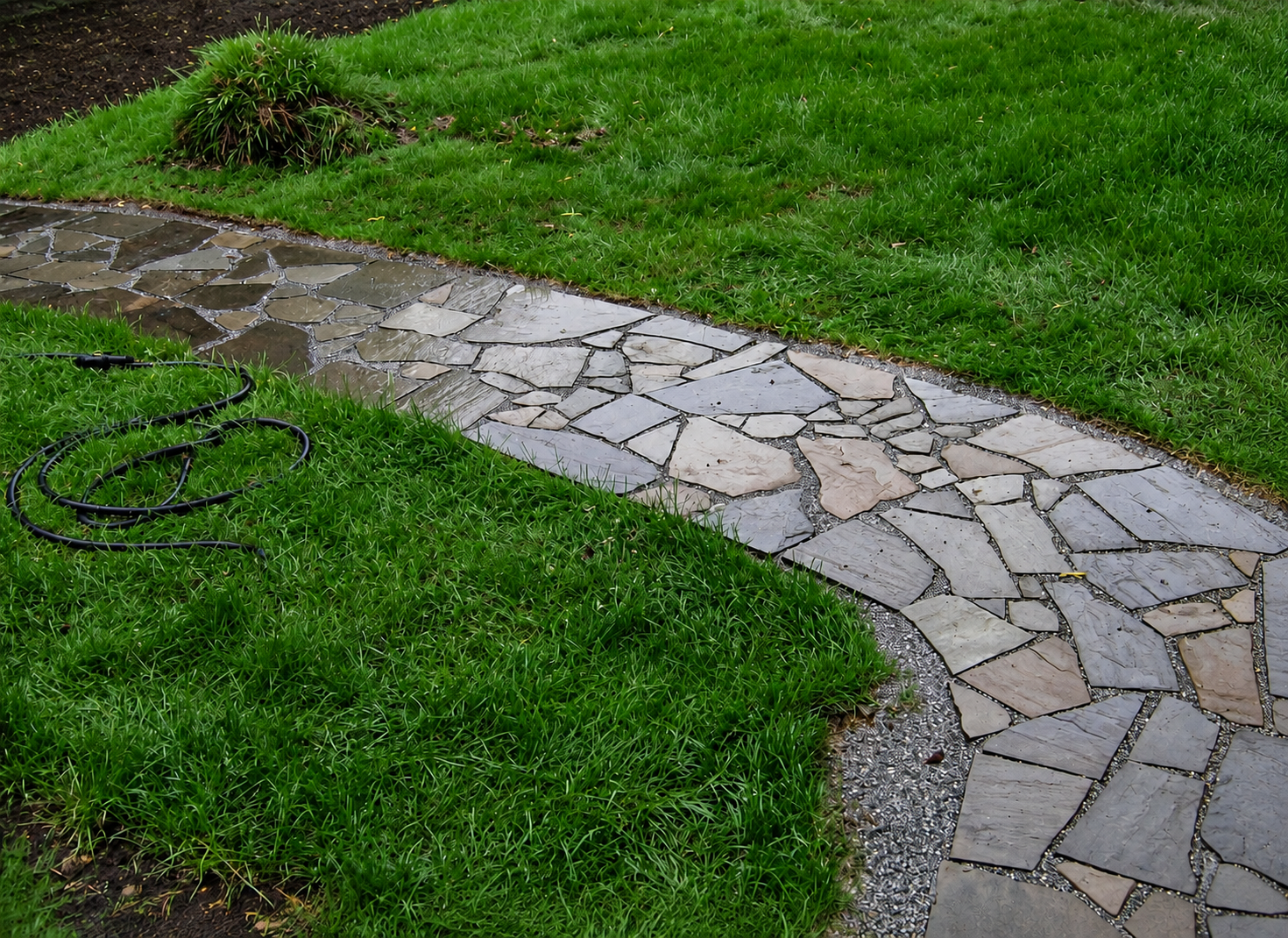 Wet stone pathway winding through manicured green grass, with a garden hose on the grass to the left.