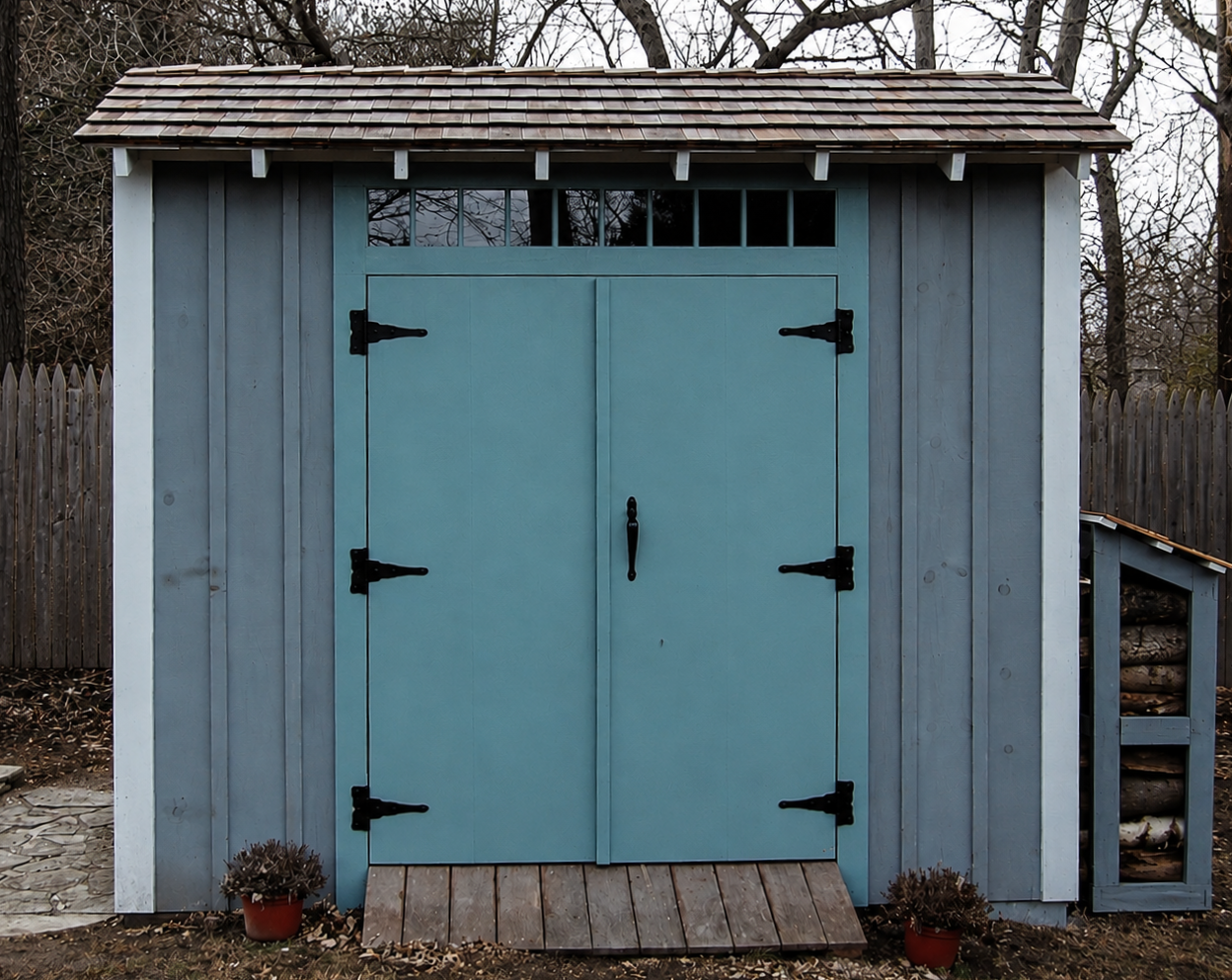 A small, gray wooden shed with blue double doors, black hinges, and a separate small door on the right side for firewood storage, set in a backyard with leafless trees and a wooden fence.