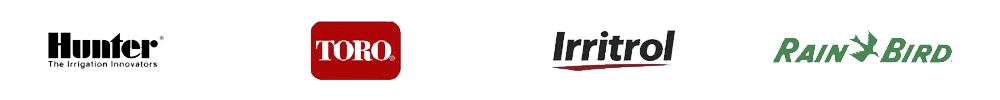 Logos of Hunter, Toro, Irritrol, Rain Bird on a horizontal banner or label.