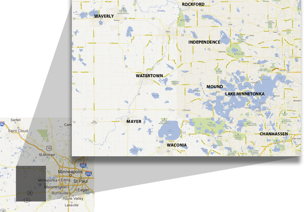 Map highlighting cities in Minnesota including Waverly, Watertown, Mayer, Waconia, Independence, Mound, Lake Minnetonka, Chanhassen, and Rockford.