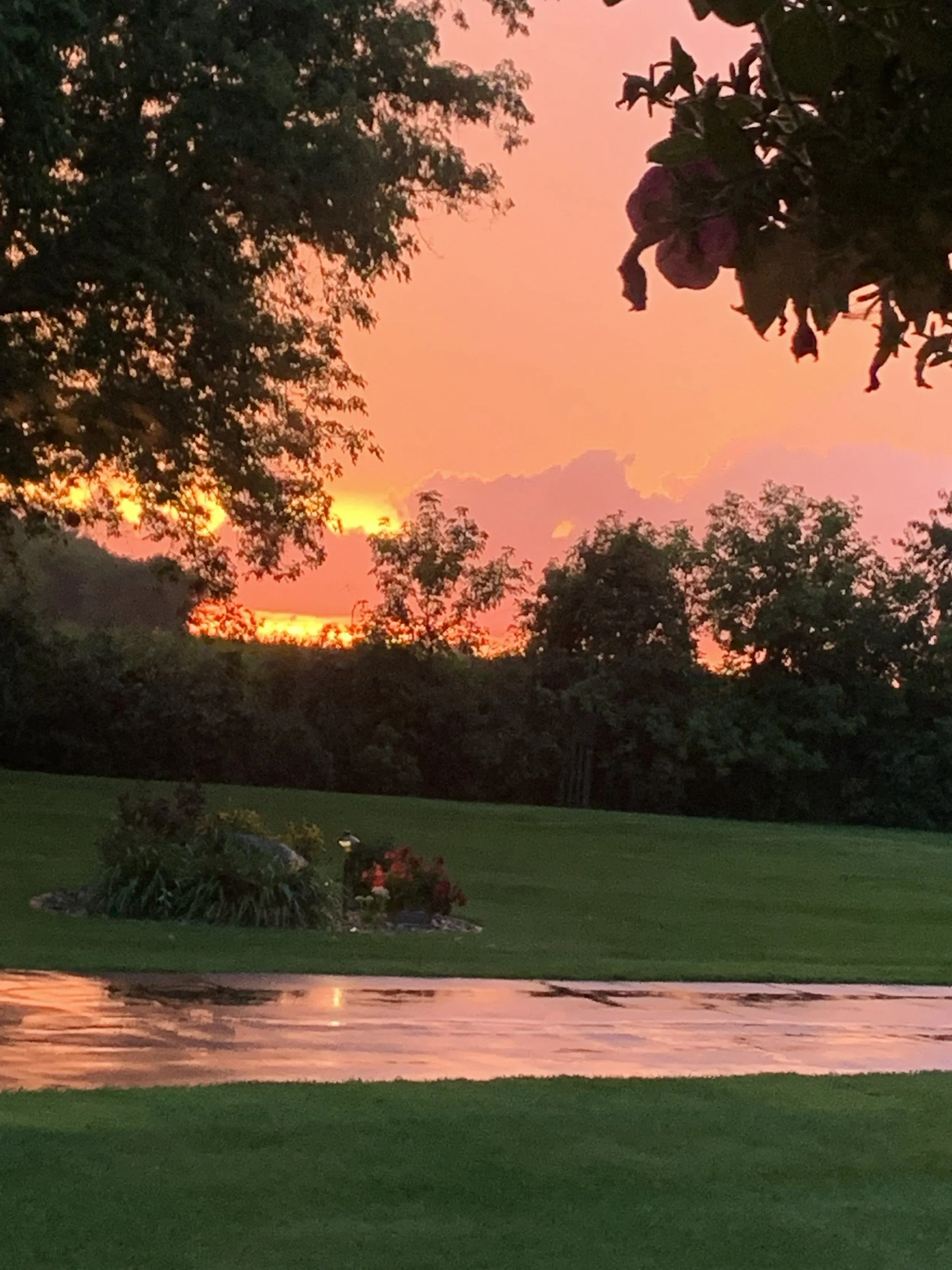 A serene lakeside scene during sunset with orange and pink hues in the sky. The image features a lush green landscape with trees and a well-maintained lawn, a small garden with flowers, and a water body reflecting the sky's colors.