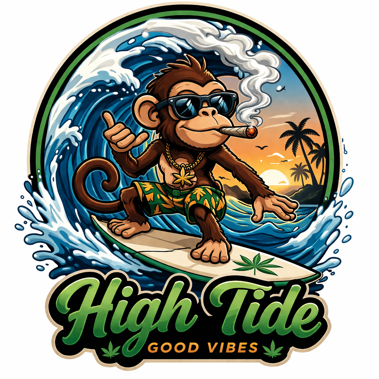 A cartoon monkey wearing sunglasses, a gold chain with a marijuana leaf pendant, and colorful tropical shorts, surfing on a wave at sunset with palm trees in the background, smoking a cigar, with the text 'High Tide' and 'Good Vibes' at the bottom.