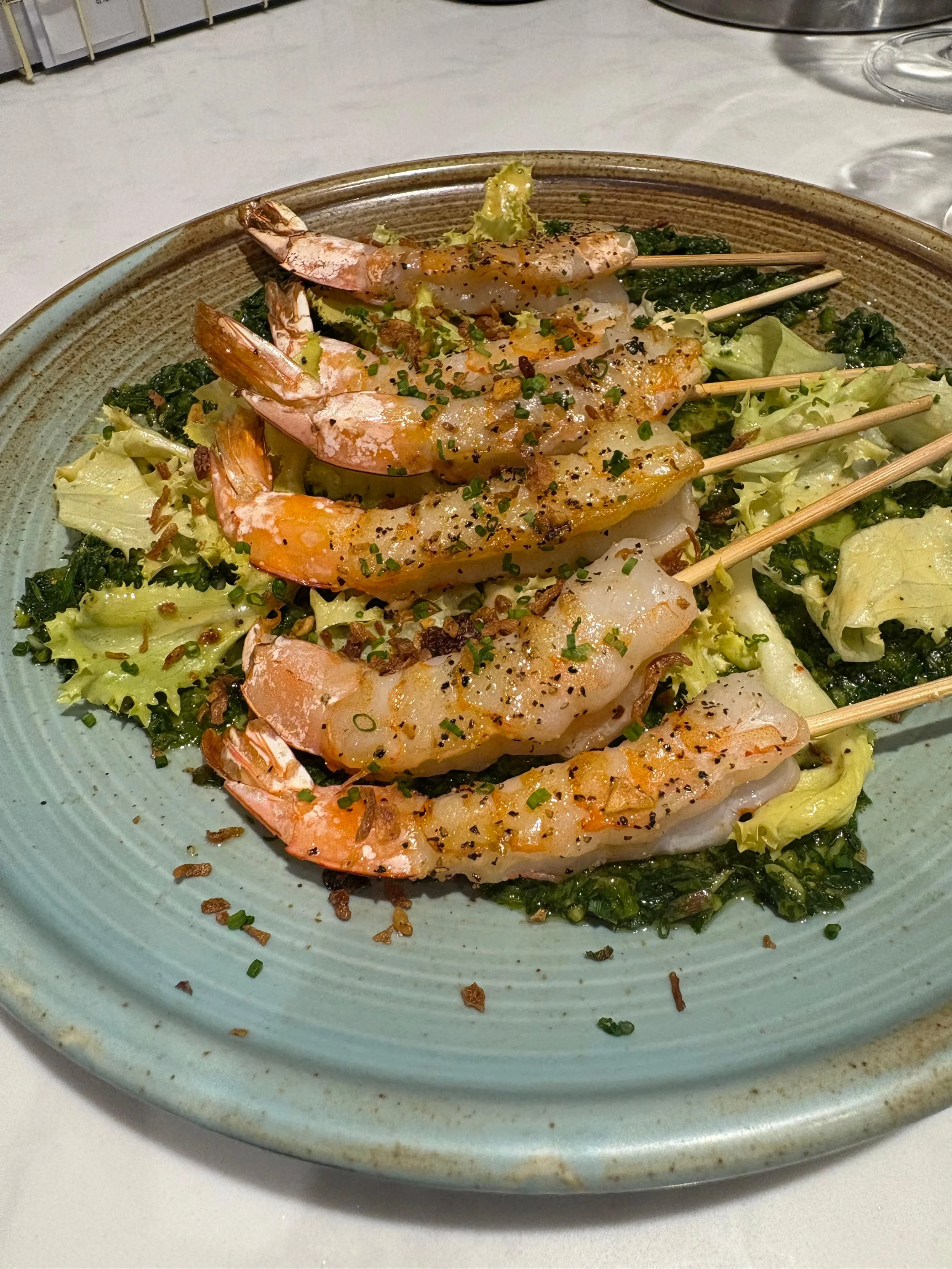 Shrimp skewers for a dinner party in San Francisco.