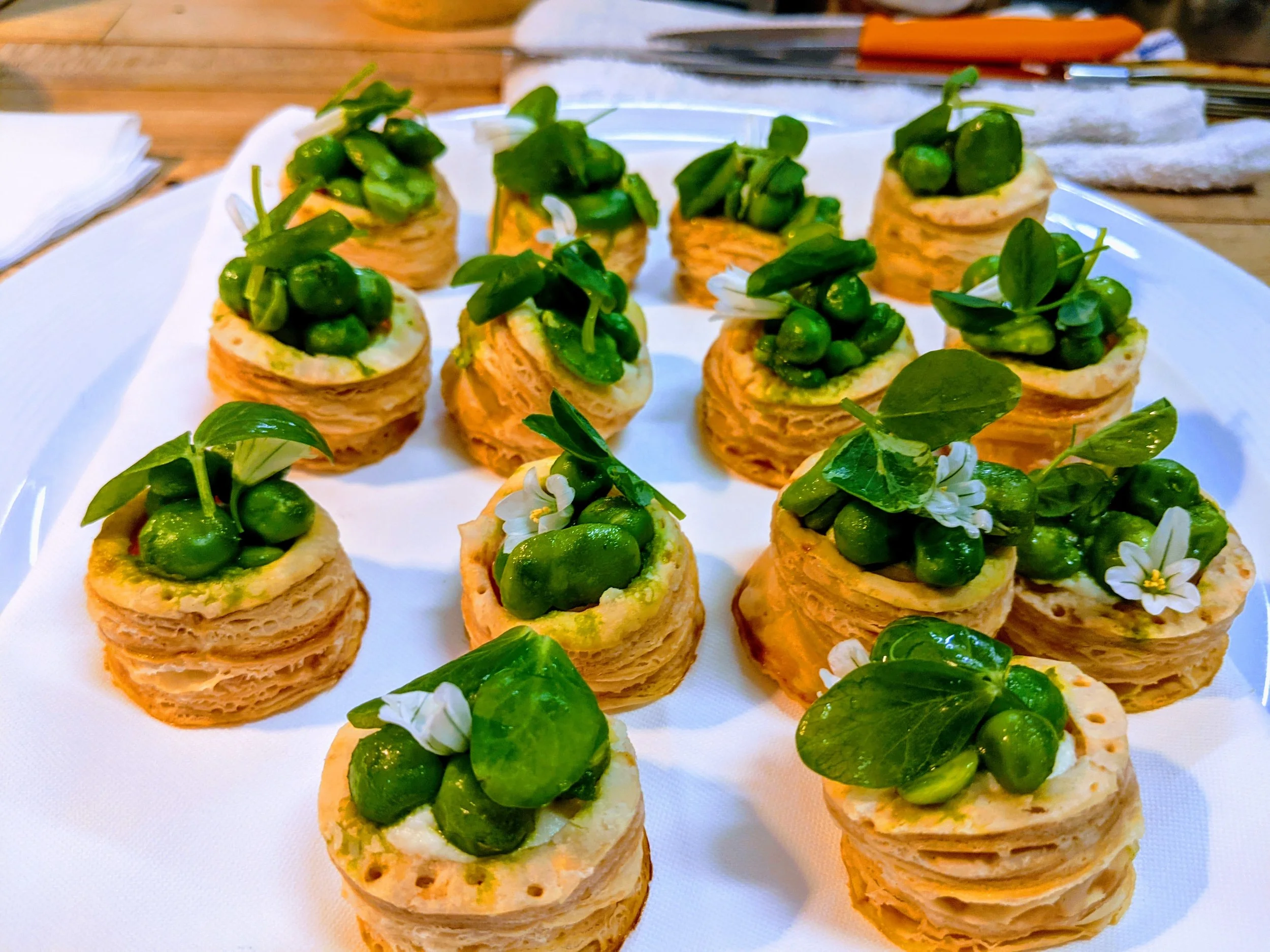 Tarts with peas for a private event in San Francisco.