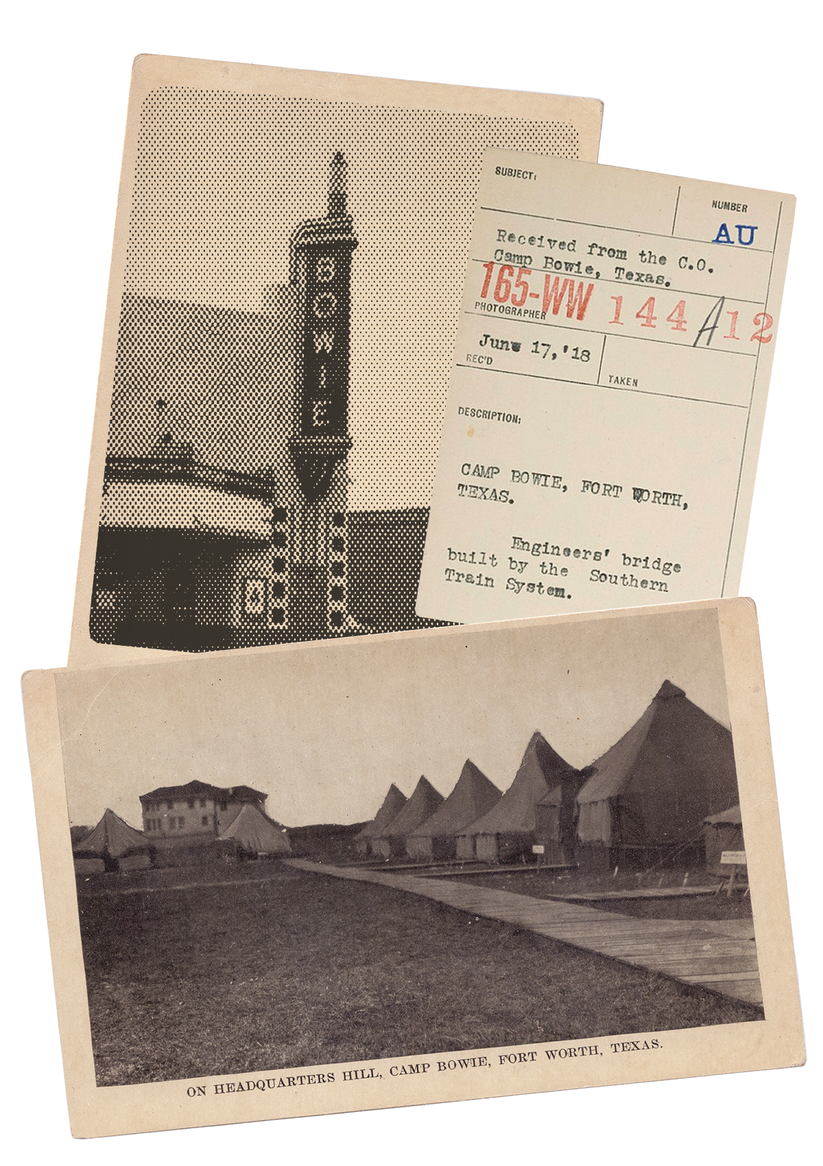 Two vintage black and white photographs, one depicting a landmark in Fort Worth, Texas, and the other showing a barracks-style building on headquarters hill at Camp Bowie, Fort Worth, Texas.