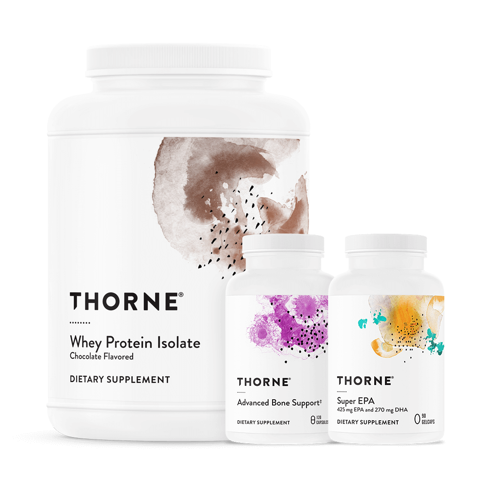 Three bottles of Thorne dietary supplements, including whey protein isolate, advanced bone support, and super EPA, arranged against a black background.